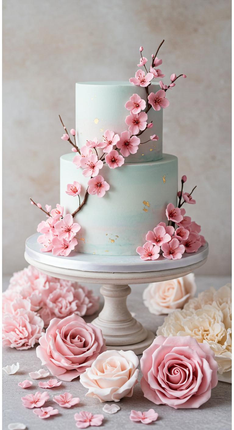 A beautifully decorated cake adorned with delicate **cherry blossoms** in **soft pink hues**, surrounded by **intricate sugar flowers** and gentle pastel colors. The scene conveys elegance and tranquility, showcasing the cake as a work of art. Flowers are artistically arranged to capture the eye and evoke a sense of renewal and peace.