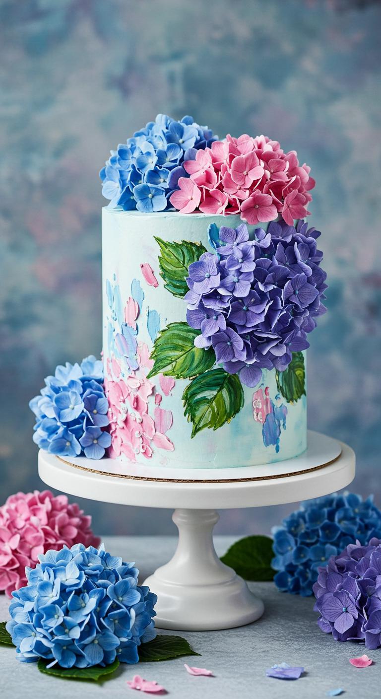 A beautifully crafted cake adorned with **vibrant hydrangea decorations** in shades of blue, pink, and purple, showcasing **delicate ruffles** and brush strokes that resemble the natural petals of the flowers. The cake should convey a **whimsical and elegant atmosphere**, perfect for a celebration, surrounded by a **dreamy floral scene**.
