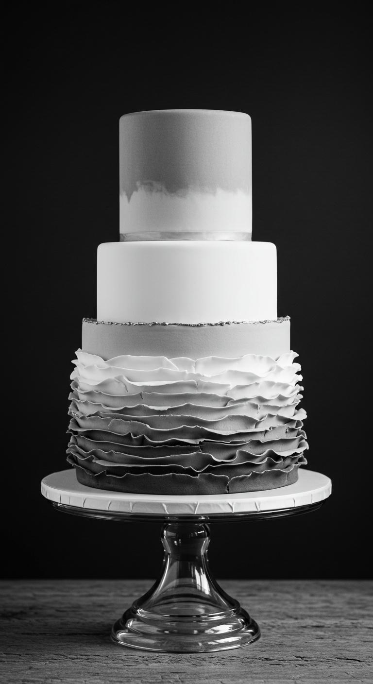A beautifully crafted monochrome cake displayed as a centerpiece, showcasing **elegant colorways** with smooth fondant, rich ganache, and delicate ruffles. The cake should emphasize **sophisticated textures** and contrasting shades, capturing the essence of modern charm and simplicity, making it look like an **unforgettable work of art**.
