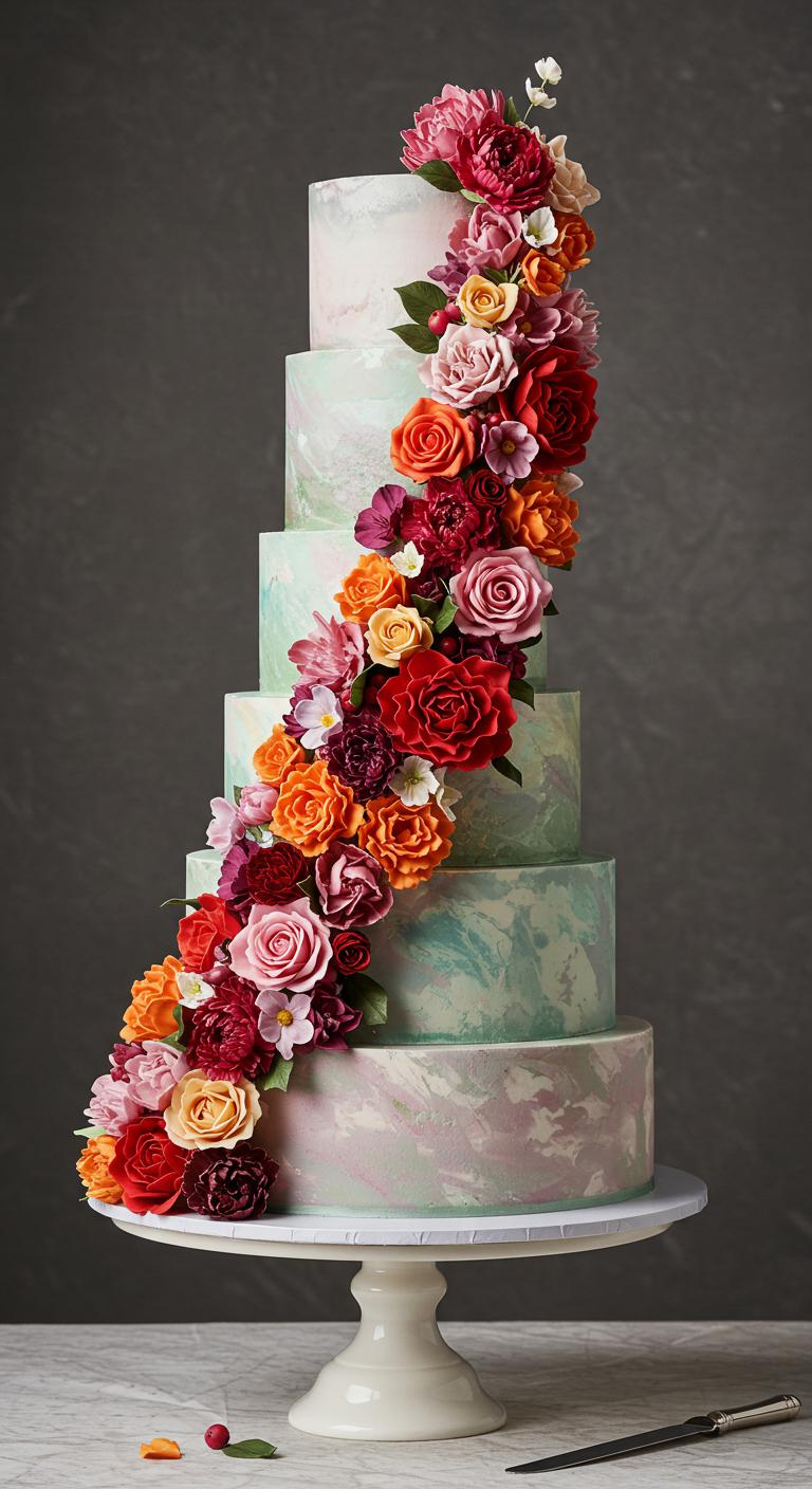 A stunning cake designed to resemble a **cascading floral waterfall**, featuring **vibrant blossoms** flowing gracefully down its tiers. The cake showcases the latest **floral design trends** with an **enchanting mix of colors** and textures, enhanced by **advanced cake decoration techniques** like intricate sugar work and edible flowers, creating a **breathtaking masterpiece** that captivates guests and elevates any celebration.