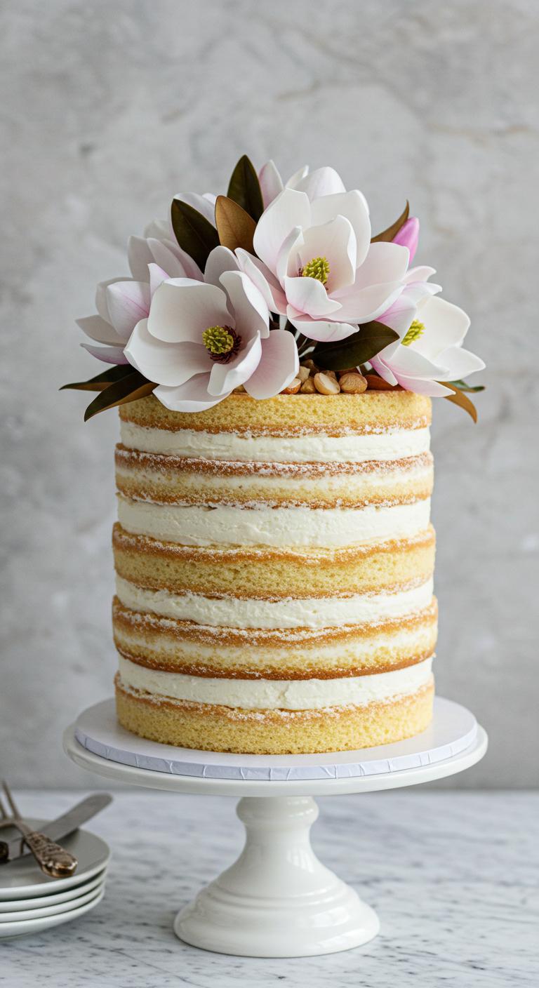 A three-layer **classic vanilla cake** adorned with **elegant magnolia blooms**, featuring **exquisite floral arrangements**. The cake is complemented by **velvety buttercream** and hints of almond, presented in a visually stunning manner that highlights both aesthetic beauty and culinary delight.