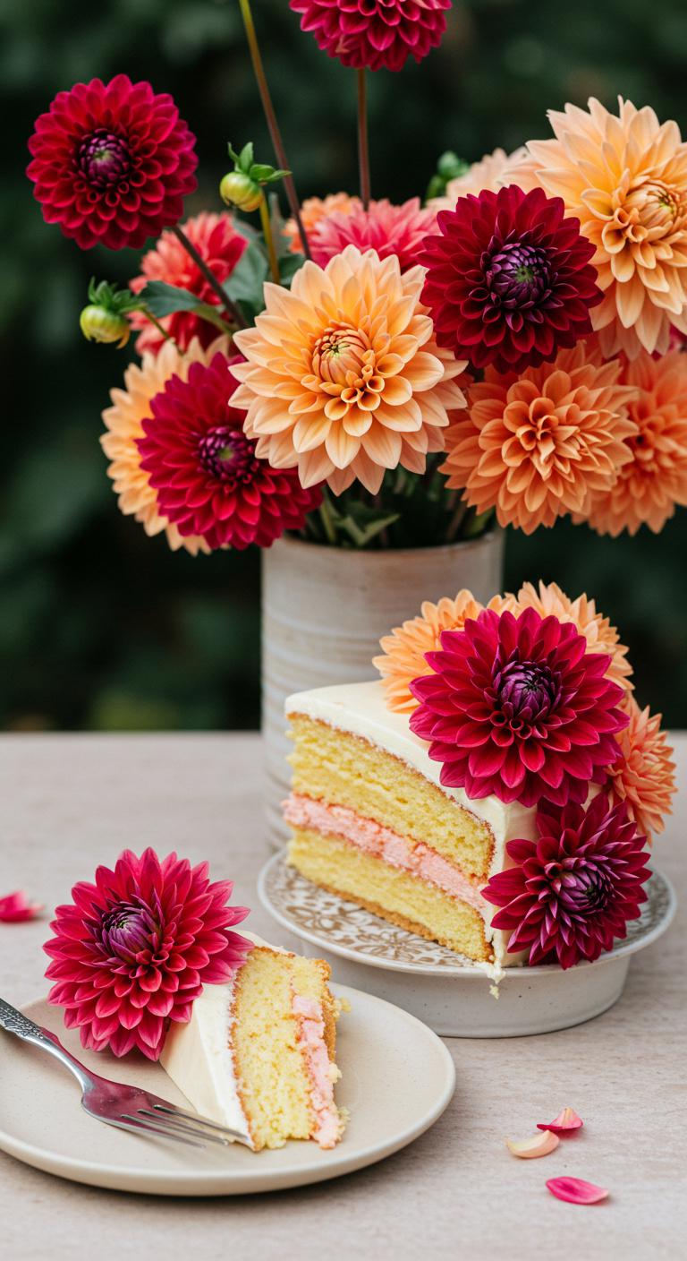 A **vibrant dahlia cake** adorned with ‘Cactus’ and ‘Pompon’ varieties, showcasing a **spectrum of colors** and unique textures. The cake is presented as a centerpiece at a lively celebration, surrounded by summer and early fall blooms. Each slice reflects the beauty of **blooming seasons**, creating a **joyful and elegant atmosphere** at the dessert table.