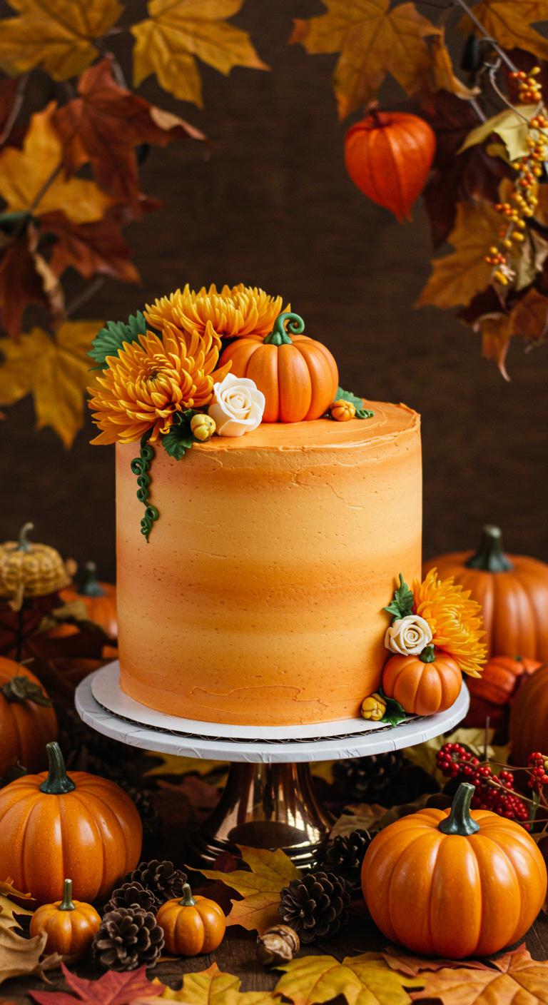 A beautifully decorated cake featuring seasonal pumpkin theme, infused with **pumpkin spice** and adorned with vibrant **floral accents**. The cake sits amidst a backdrop of autumn leaves and harvest decor, capturing the essence of fall with warm colors and a festive atmosphere. The setting conveys a sense of joy and warmth, perfect for seasonal celebrations and gatherings.
