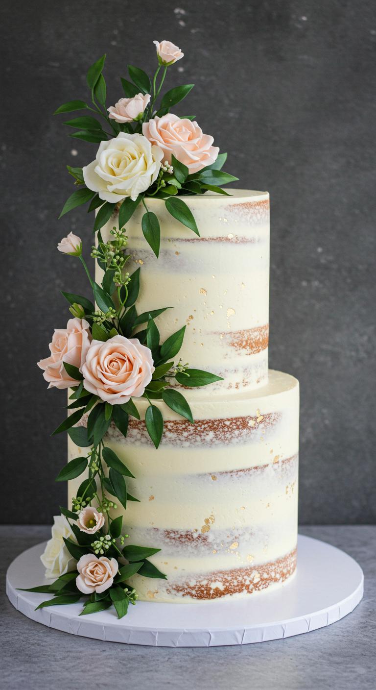A beautifully decorated **elegant cake** featuring **airy foliage** and delicate pastel florals, with cascading greenery and soft blooms creating a harmonious balance, evoking a sense of lightness and grace. The cake exudes a **whimsical charm**, ideal for a celebration, enchanting guests and making moments **unforgettable**.