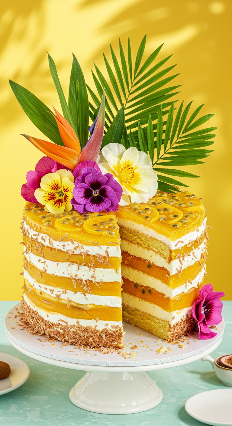 A vibrant **Tropical Paradise Cake** adorned with **brightly colored edible flowers** and palm leaves. The cake showcases layers of **coconut and passionfruit flavors**, with **beach-inspired decor**, set against a sunny backdrop that evokes a sense of lightness and grace.
