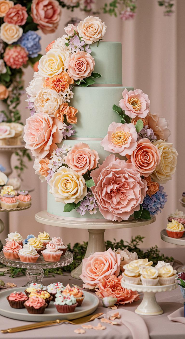A magical floral arrangement featuring lush blooms in **pastel hues**, with delicate petals and intricate foliage. The scene should evoke whimsy and romance, transforming a beautiful cake into a centerpiece surrounded by a garden of colorful flowers that inspire smiles and **spark imagination**, ideal for a celebration.