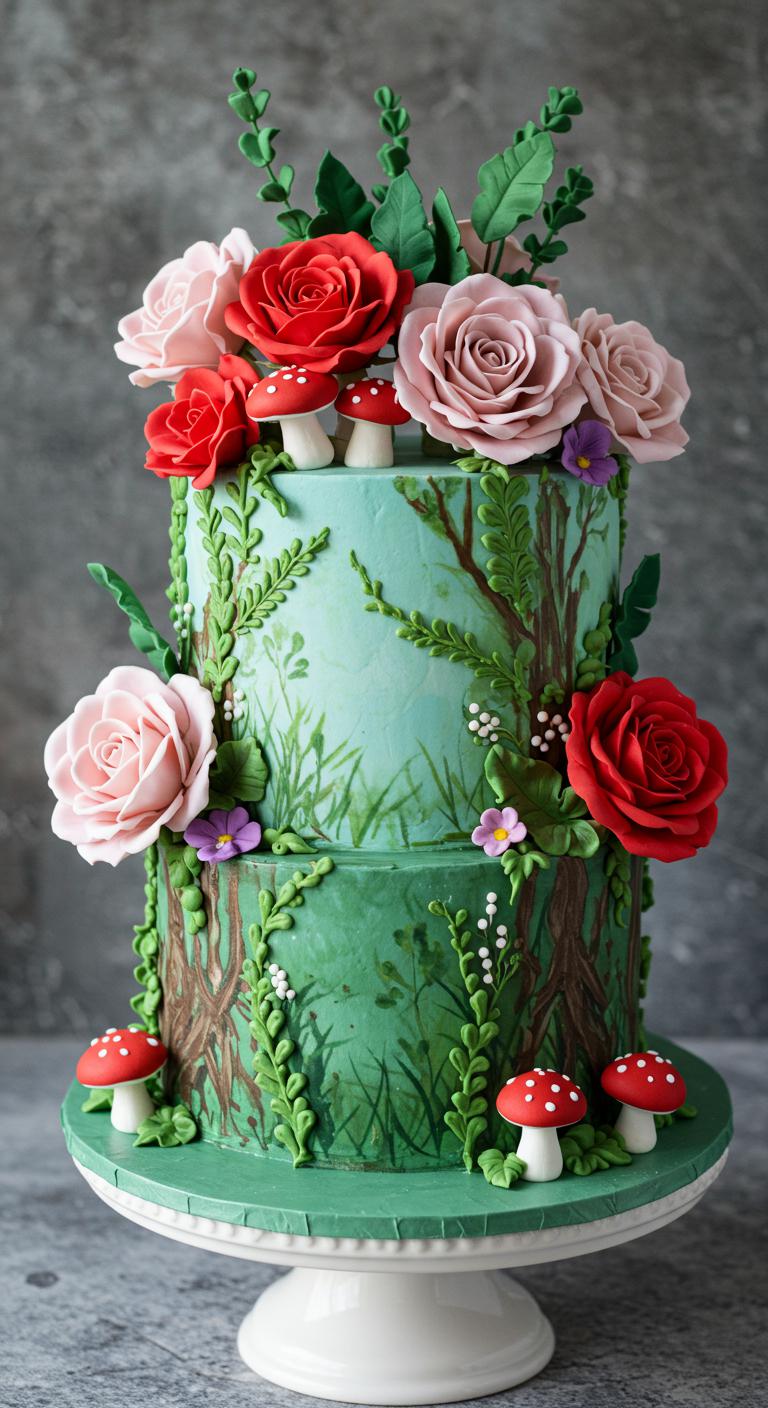 A beautifully decorated **Enchanted Forest Cake**, showcasing **vibrant edible flowers**, **intricate greenery**, and **whimsical fondant mushrooms**. The cake should have magical decorations that evoke a fairy tale ambiance, vibrant colors, and an inviting appearance to serve as an **irresistible centerpiece** for a celebration.