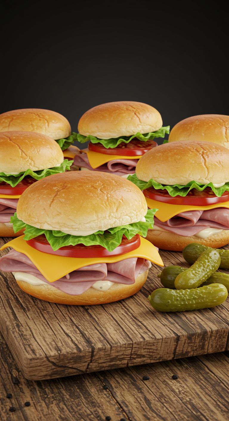 A collection of mini sandwich sliders on a rustic wooden board, filled with deli meats, cheese, lettuce, and tomato, with small pickles on the side.