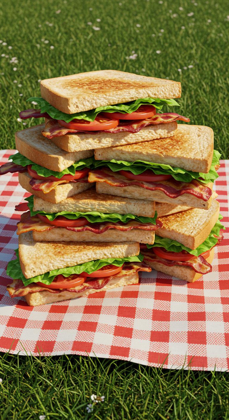 A stack of BLT sandwiches with crispy bacon, lettuce, and tomato on toasted bread, cut diagonally on a picnic blanket.