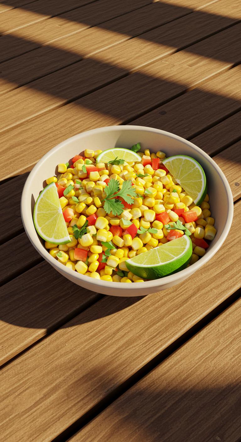 A bowl of sweet corn salad with kernels, diced red bell peppers, chopped cilantro, and lime wedges on a picnic table.