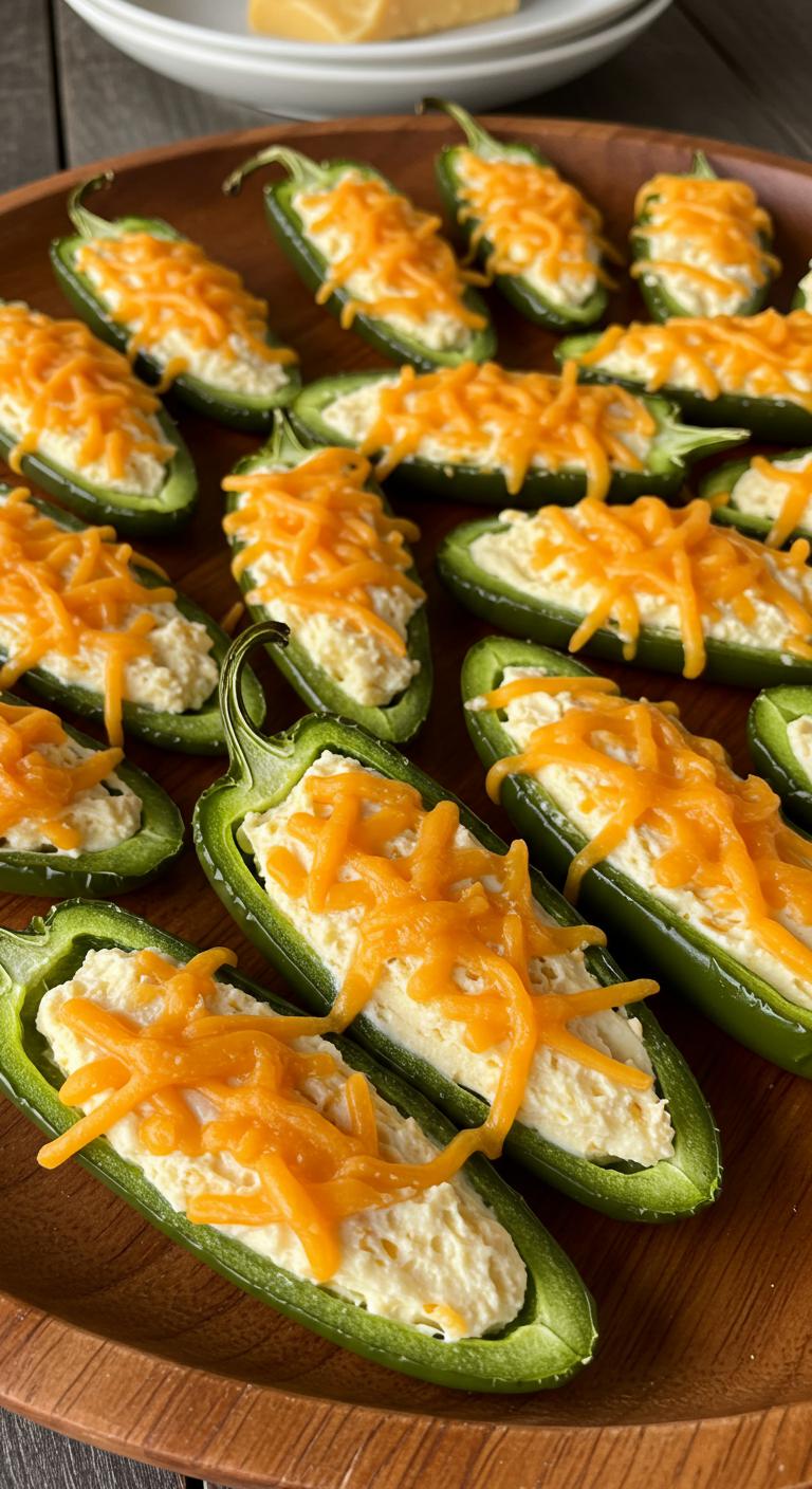Halved jalapeños stuffed with cream cheese and shredded cheddar, baked until golden, arranged on a rustic platter.