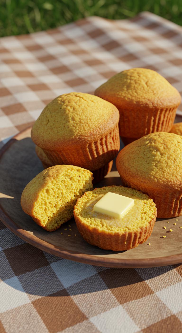 Golden cornbread muffins arranged on a rustic plate with a pat of melting butter on one, placed on a picnic blanket.