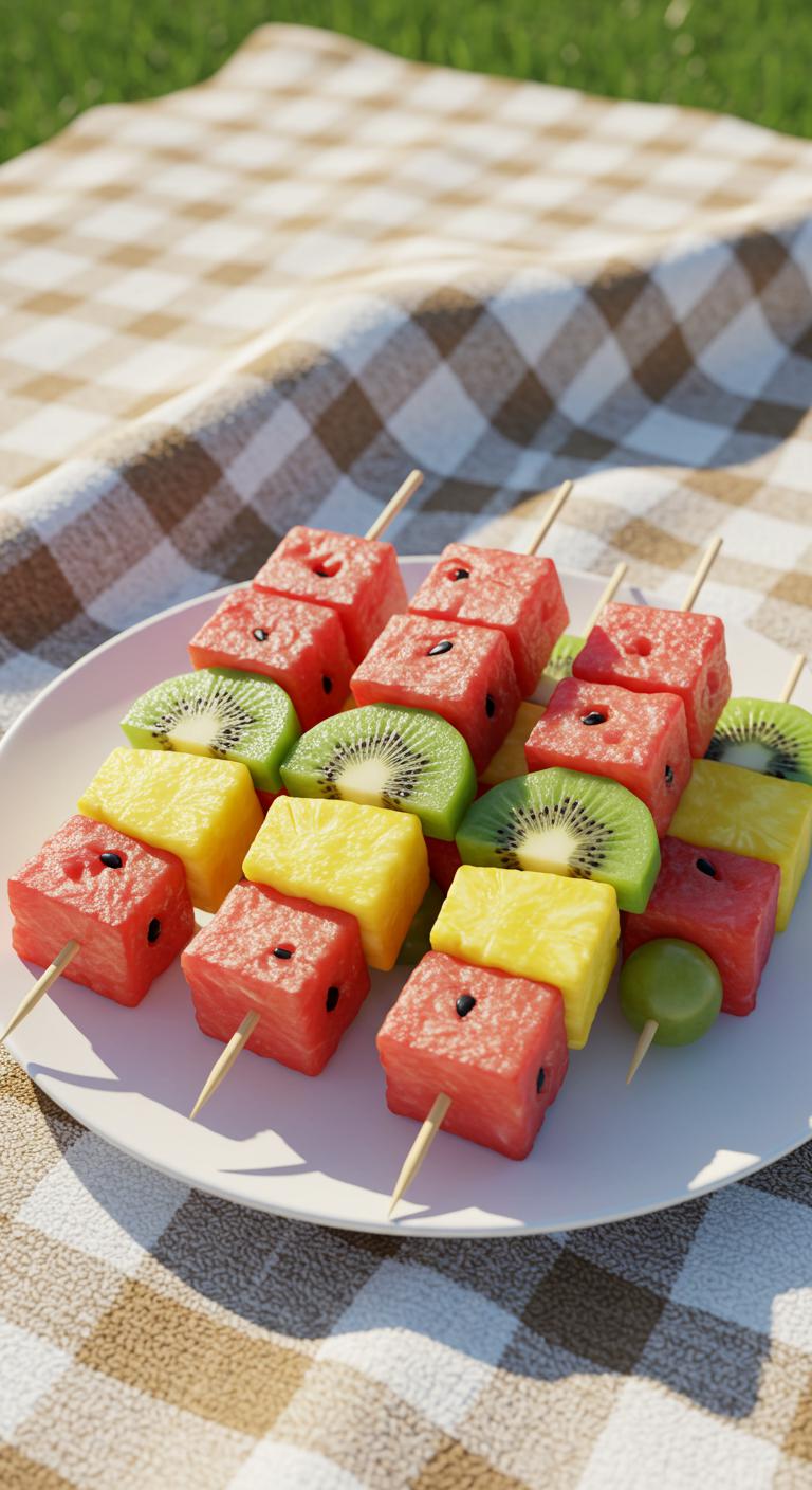 Bright fruit skewers featuring watermelon cubes, pineapple chunks, grapes, and kiwi slices arranged on a white plate on a picnic blanket.