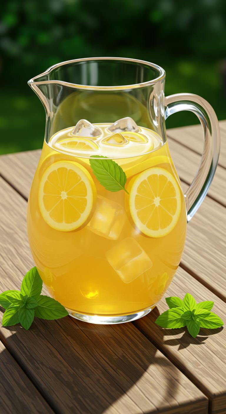 A clear glass pitcher filled with homemade lemonade, ice cubes, and lemon slices, surrounded by fresh mint leaves on a wooden picnic table.
