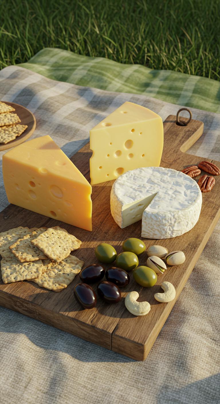 An assortment of cheeses, crackers, olives, and nuts arranged artfully on a wooden board with a picnic blanket underneath.