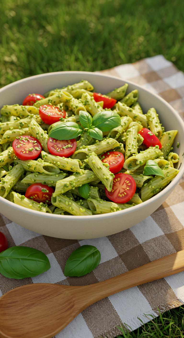 A bowl of vibrant pasta salad tossed with green pesto, cherry tomatoes, and fresh basil leaves, sitting on a picnic blanket with a wooden spoon.