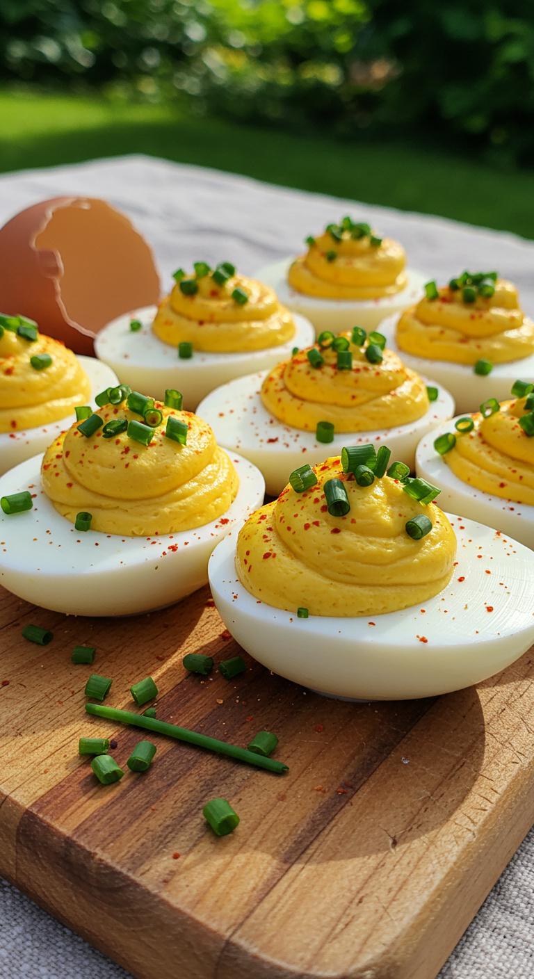 A picnic plate of deviled eggs topped with paprika and chopped chives, arranged neatly on a rustic wooden board outdoors.