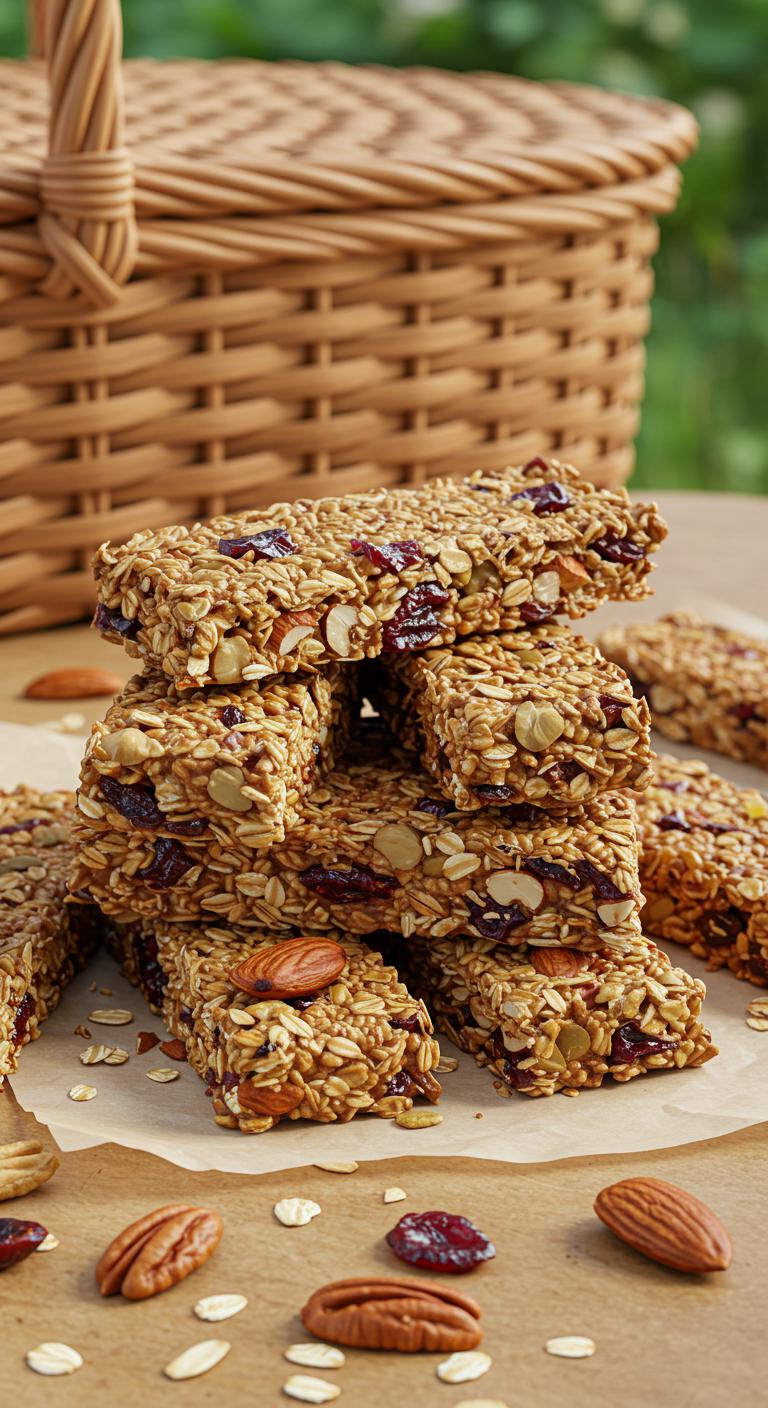 A stack of homemade granola bars with oats, nuts, and dried fruits on parchment paper, with a picnic basket in the background.