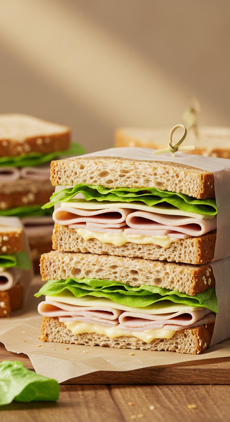 Close-up of neatly stacked turkey and cheese sandwiches on whole wheat bread, wrapped in parchment paper with fresh lettuce peeking out. The shot captures natural textures and warm afternoon light.