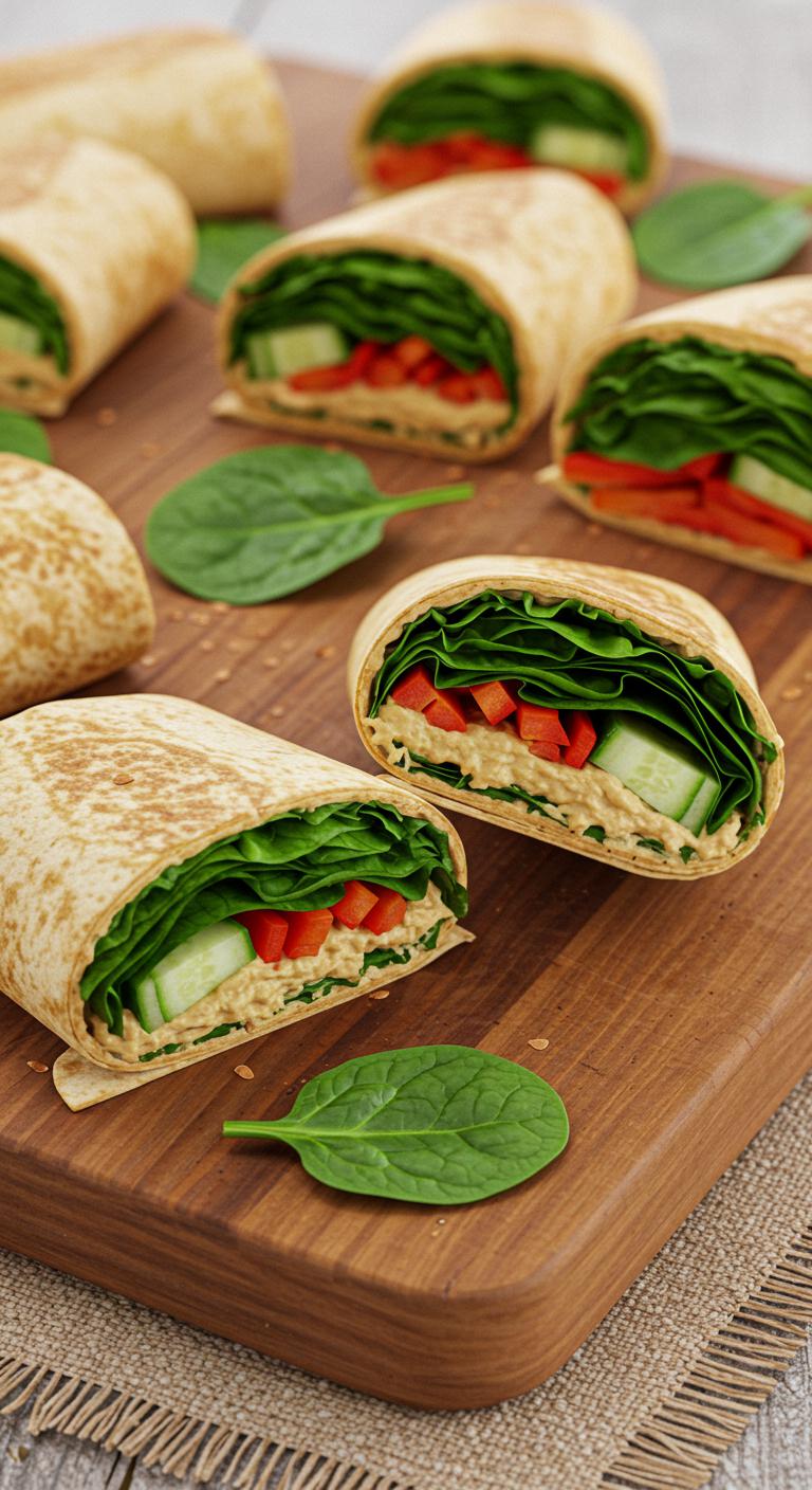 Colorful veggie wraps filled with sliced cucumbers, red peppers, spinach, and hummus, cut in halves and arranged on a wooden board with a rustic cloth underneath.