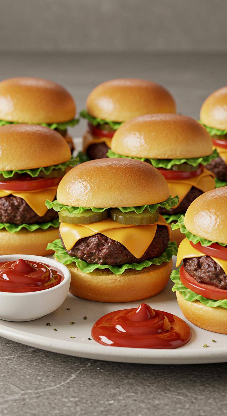A plate of mini beef sliders with melted cheese, lettuce, and tomato on soft buns, garnished with pickles and served with a side of ketchup.