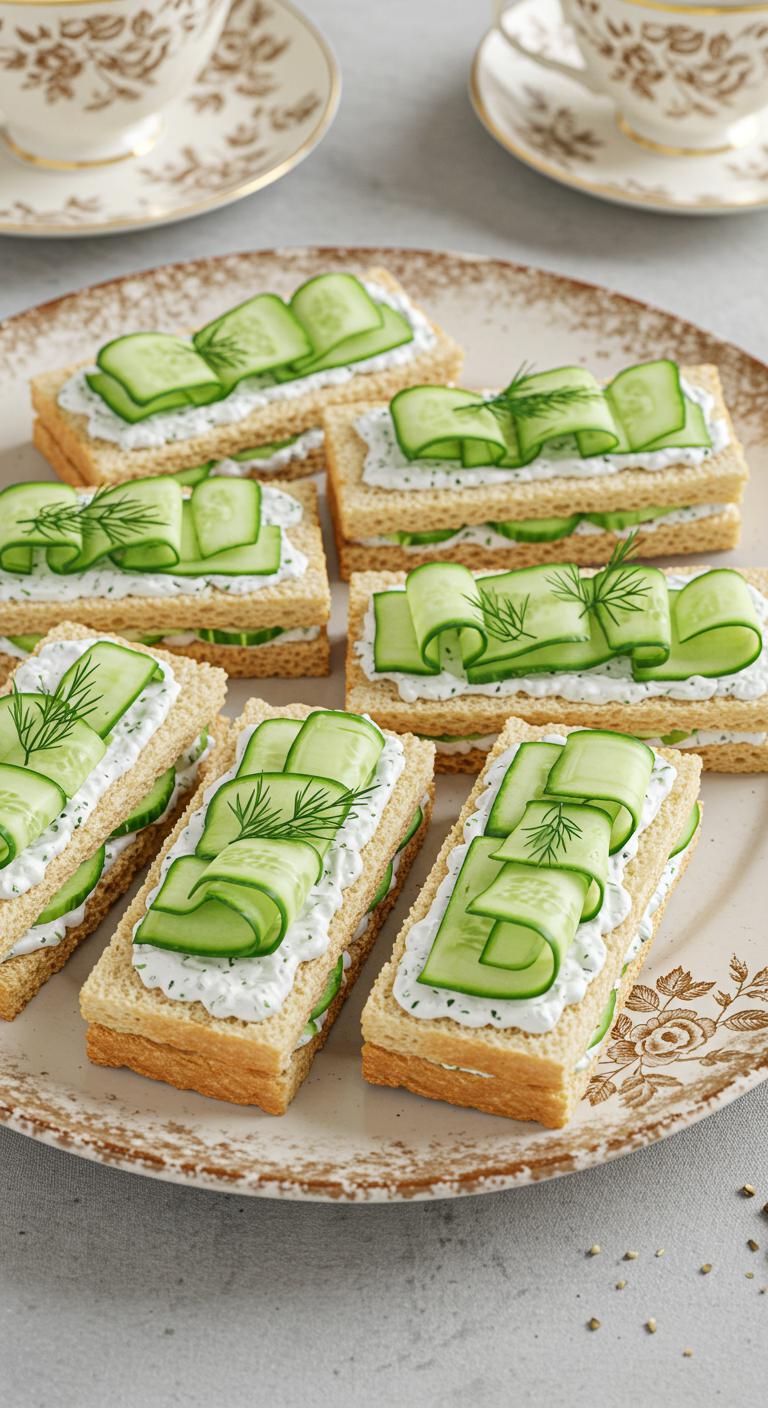 Delicate cucumber tea sandwiches with cream cheese spread, thinly sliced cucumber, and fresh dill on white bread, cut into neat rectangles on a vintage plate.
