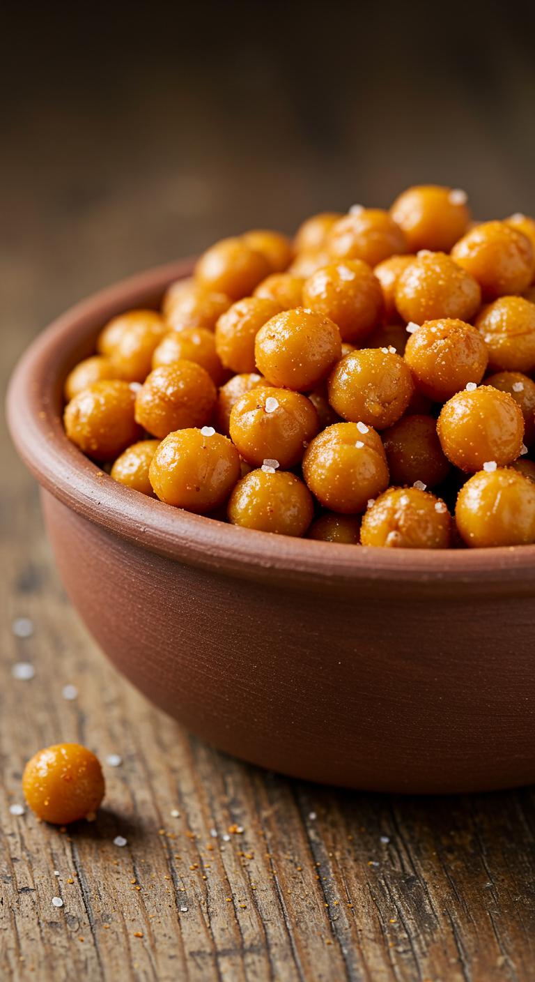 A small bowl of golden roasted chickpeas with a dusting of smoked paprika and sea salt, placed on a rustic wooden table.