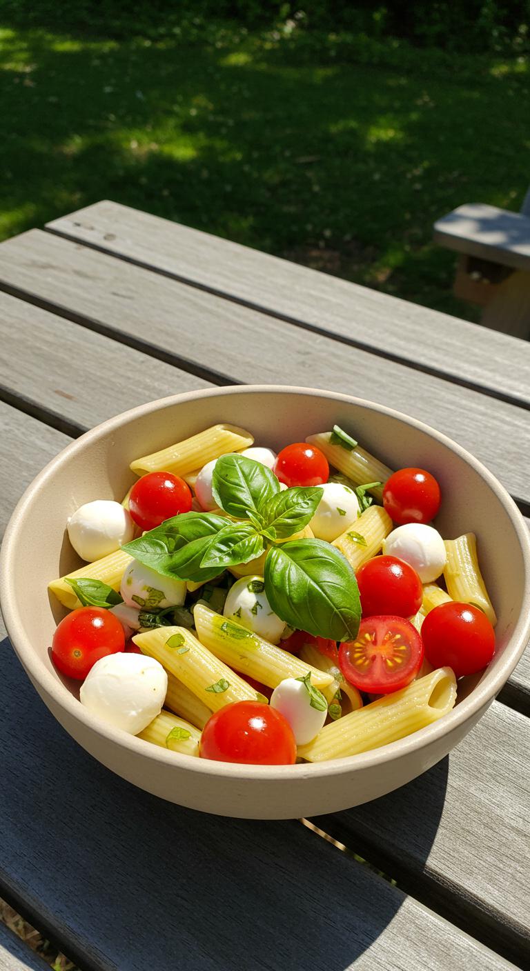 A bowl of pasta salad with cherry tomatoes, mozzarella balls, fresh basil, and a drizzle of olive oil, resting on a picnic table with sunlight filtering through trees.