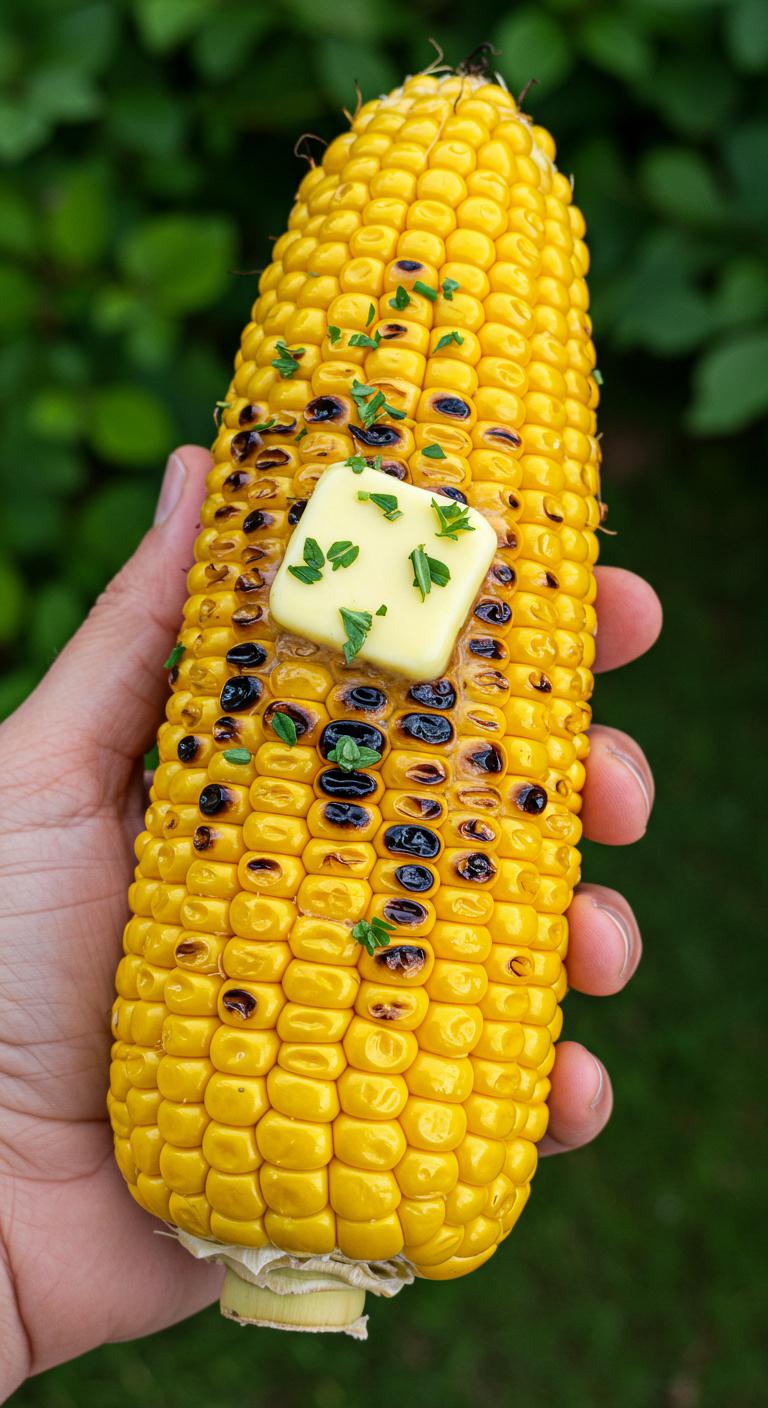 Bright yellow grilled corn on the cob with char marks, butter melting on top, sprinkled with fresh herbs, held in hand outdoors.