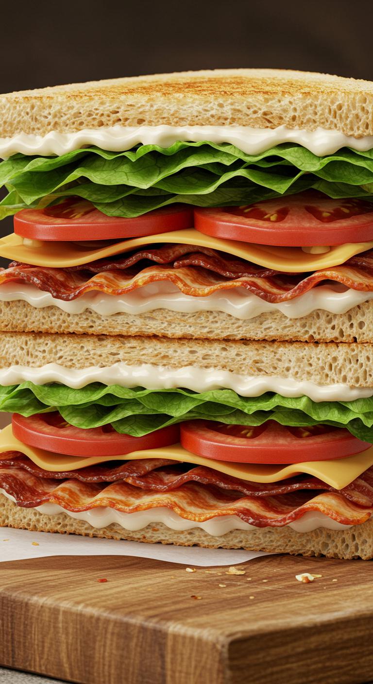 A stacked BLT sandwich with crispy bacon, fresh lettuce, ripe tomato slices, and mayo on toasted bread, cut diagonally on a wooden board.