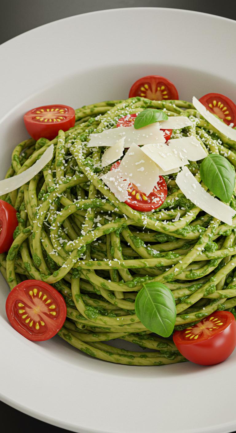 A white bowl filled with pasta tossed in green pesto sauce and halved cherry tomatoes, garnished with grated parmesan and basil leaves.