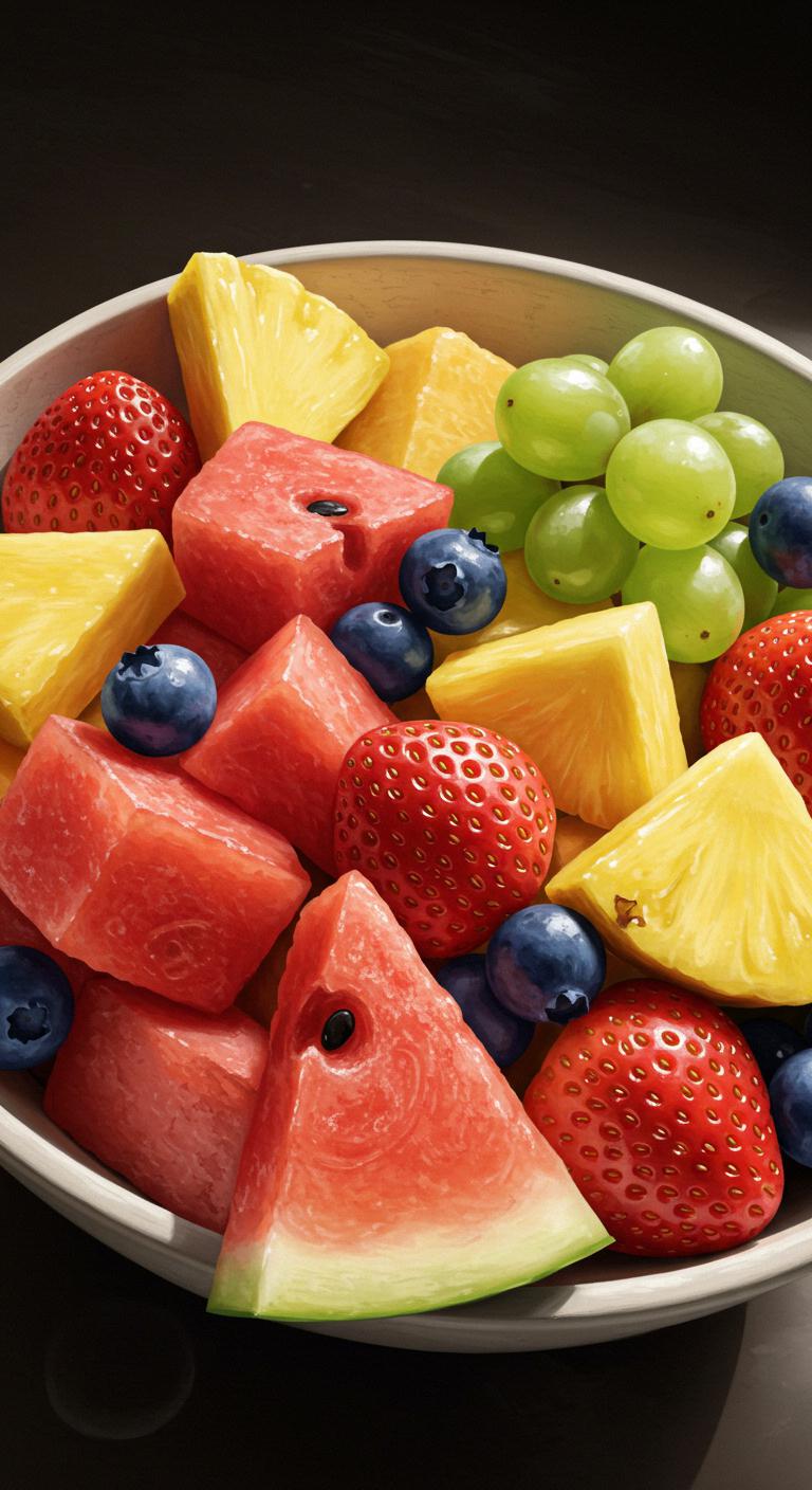 A colorful bowl of mixed fruit including melons, berries, pineapple, and grapes, glistening with juice and bright sunlight.