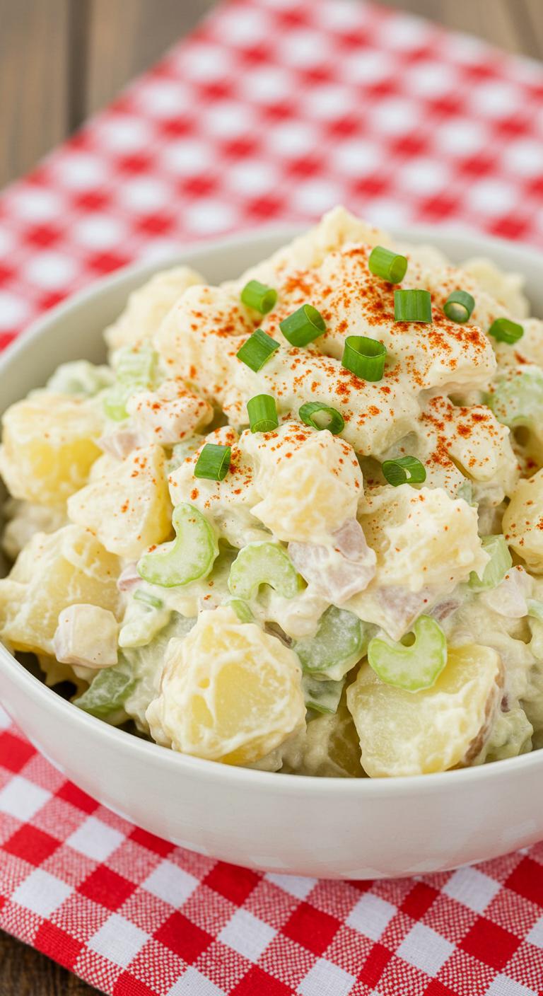 A bowl of creamy potato salad with chopped celery, green onions, and a sprinkle of paprika on top, sitting on a checkered picnic cloth.