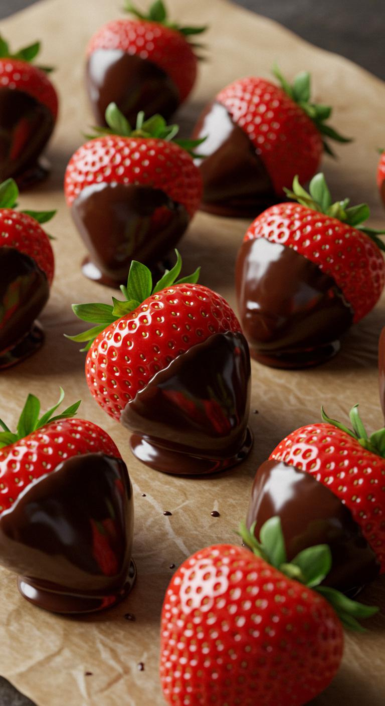 Fresh strawberries partially dipped in dark chocolate, arranged neatly on parchment paper with natural sunlight highlighting their shine.