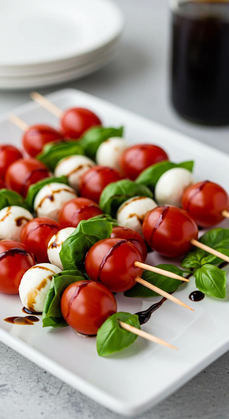 Mini skewers with cherry tomatoes, fresh mozzarella balls, and basil leaves drizzled with balsamic glaze, arranged artfully on a white ceramic platter.