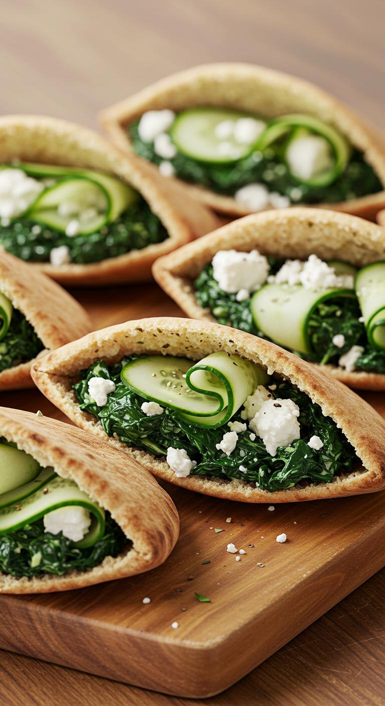 Pita pockets filled with sautéed spinach, crumbled feta cheese, and sliced cucumbers, arranged on a wooden board.