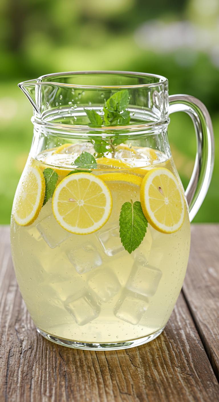 A large glass pitcher of lemonade with lemon slices and fresh mint, condensation on the outside, set on a picnic table.