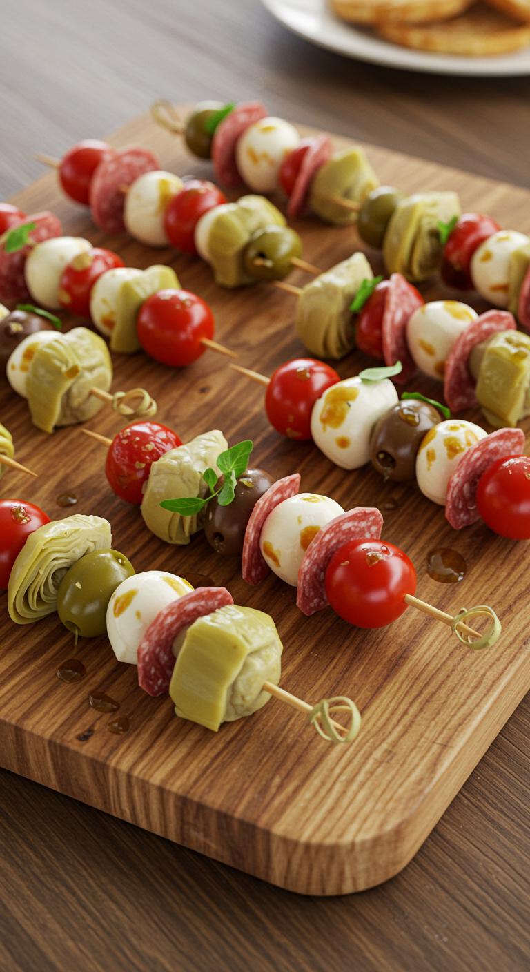 Skewers loaded with olives, salami slices, cherry tomatoes, mozzarella balls, and artichoke hearts, laid out on a rustic wooden board.