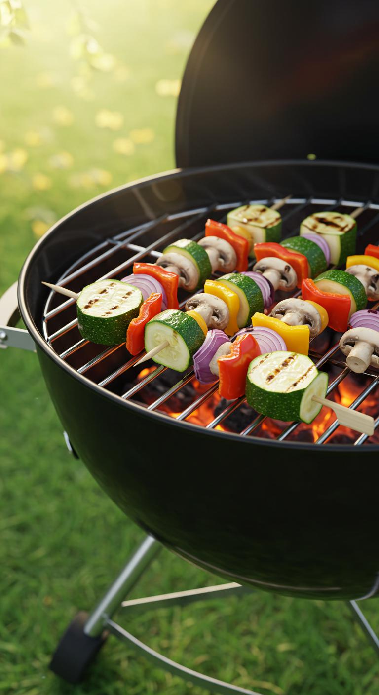 Colorful veggie kabobs with zucchini, bell peppers, mushrooms, and red onions, grilled and glistening on a picnic grill.