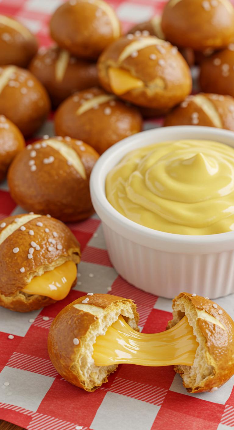 Golden brown pretzel bites with melted cheese oozing out, served on a checkered cloth with a small bowl of mustard.
