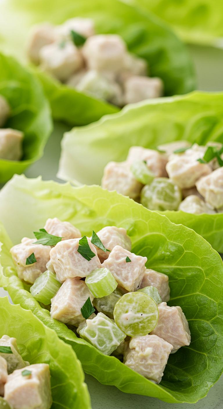 Crisp lettuce leaves filled with creamy chicken salad made with diced chicken, mayo, celery, and grapes, garnished with chopped herbs.