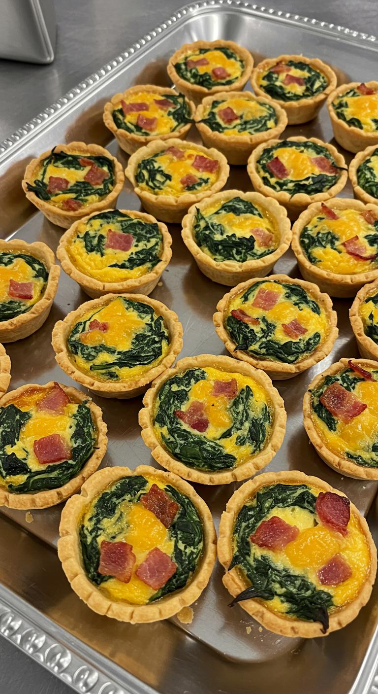 Bite-sized mini quiches with visible spinach, cheese, and bacon bits, arranged neatly on a serving tray.