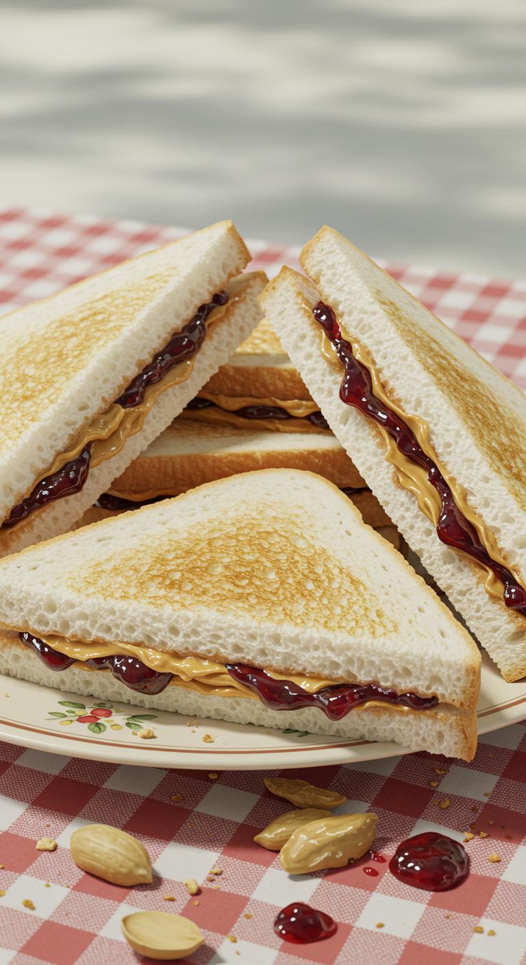 Classic peanut butter and jelly sandwiches on white bread, cut into triangles and stacked on a picnic plate.