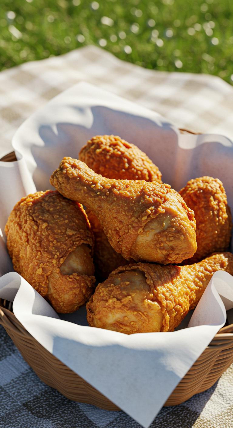 Crispy fried chicken pieces resting on a paper-lined basket in natural daylight, ready for picnic serving.