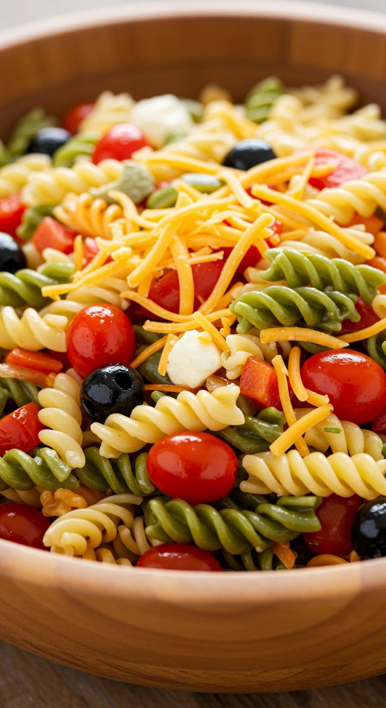 A large bowl of tri-color rotini pasta salad mixed with diced bell peppers, olives, cherry tomatoes, and shredded cheese, lightly coated with Italian dressing.