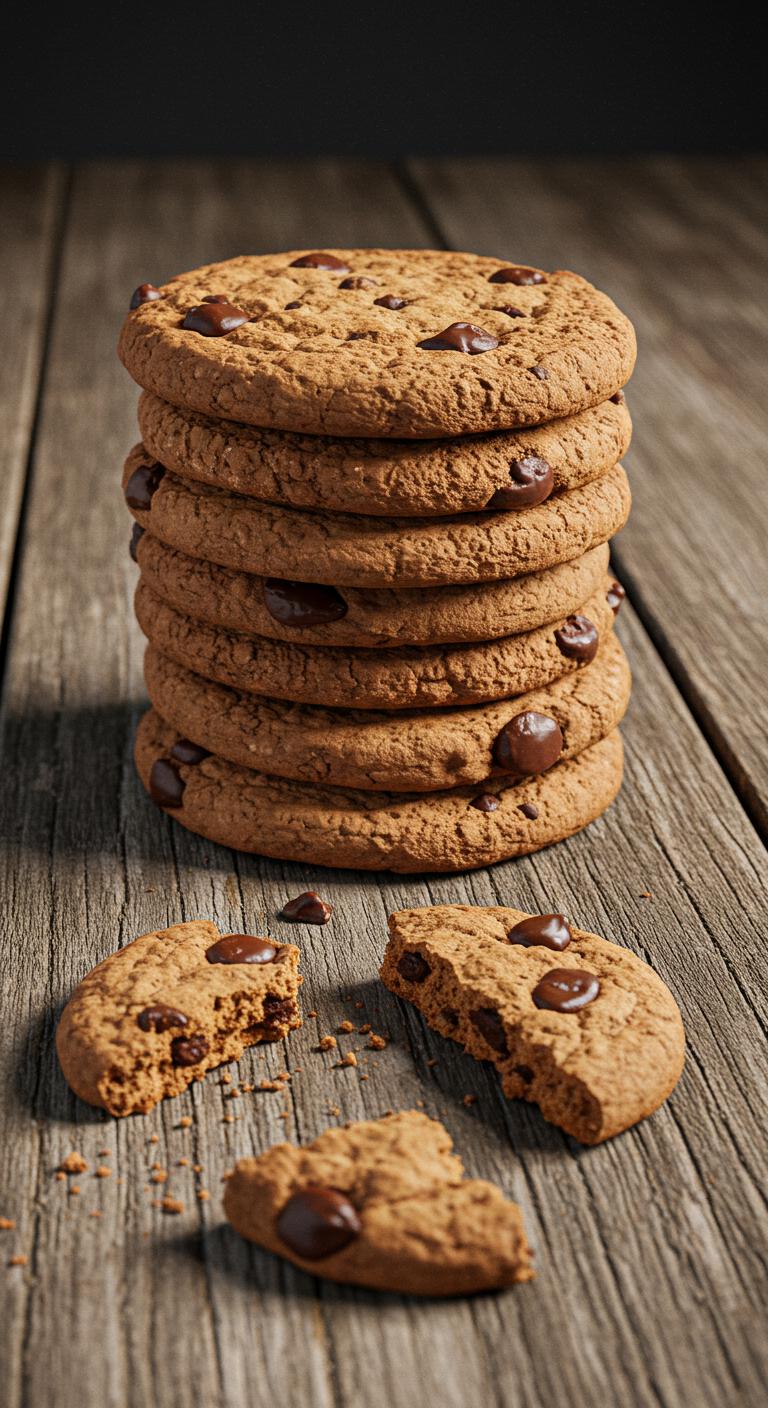 A stack of homemade chocolate chip cookies on a rustic wooden table, with a few crumbs scattered around.