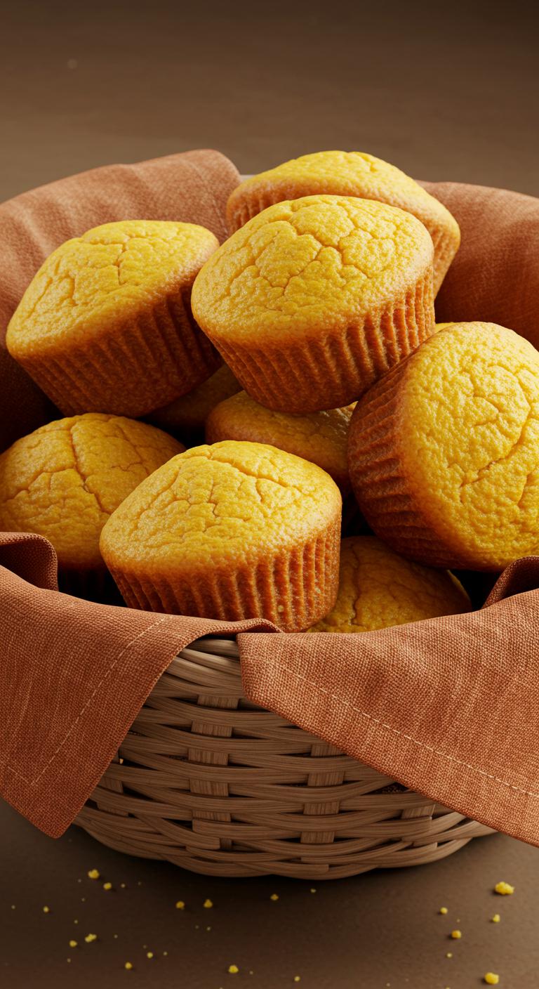 Golden cornbread muffins with a slightly crumbly texture, arranged in a basket lined with a cloth napkin.
