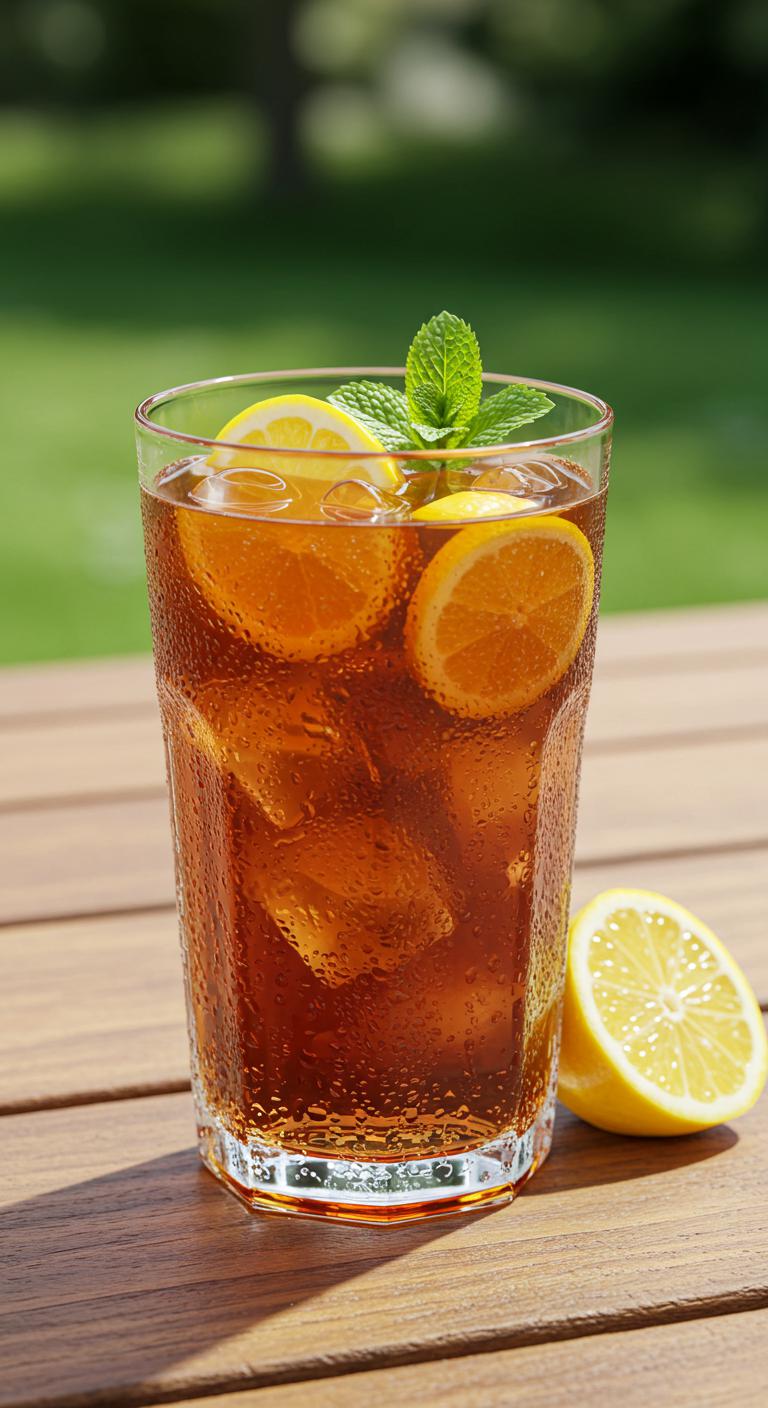 A tall glass of iced tea with condensation, garnished with lemon slices and fresh mint, sitting on a wooden picnic table.