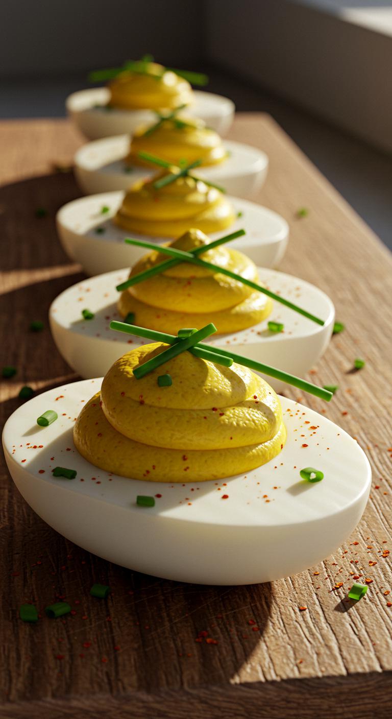 A rustic wooden board displaying neatly arranged deviled eggs topped with a sprinkle of paprika and fresh chives, shot with natural window light.