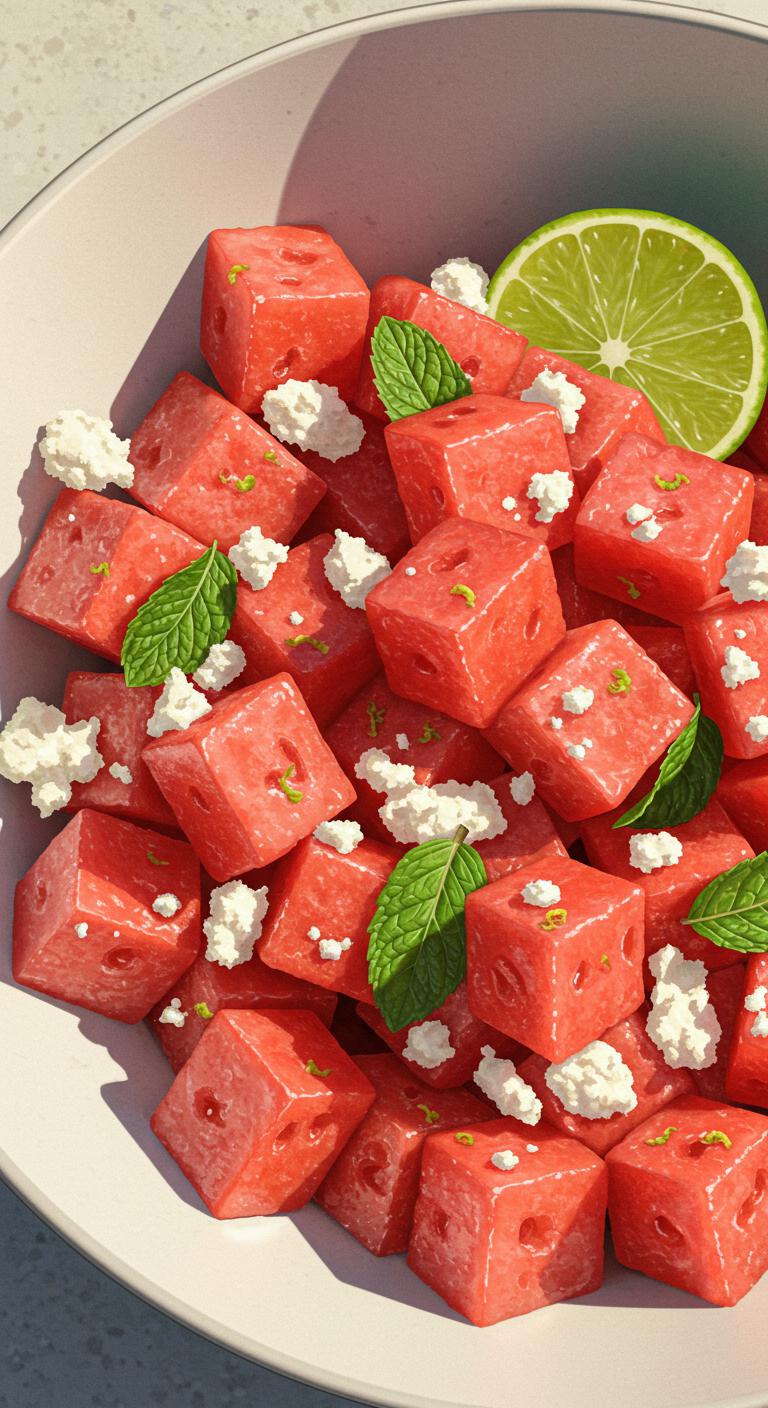 A bowl of watermelon cubes mixed with crumbled feta cheese, fresh mint leaves, and a squeeze of lime, glistening under bright sunlight.